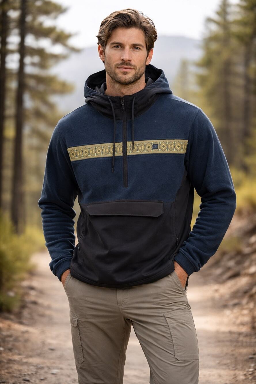 Huckberry Roark Mens Hoodie XL Navy Patterned Overland Anorak Fleece Jacket NWT